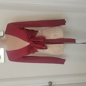 Blush Mark, Size S, Brick Red Color Crop Tie Front Long Sleeve Top